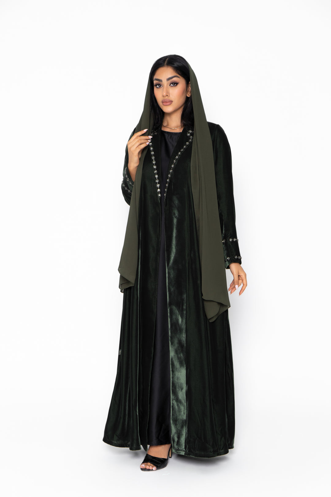 Aafia Olive Green Velvet Abaya